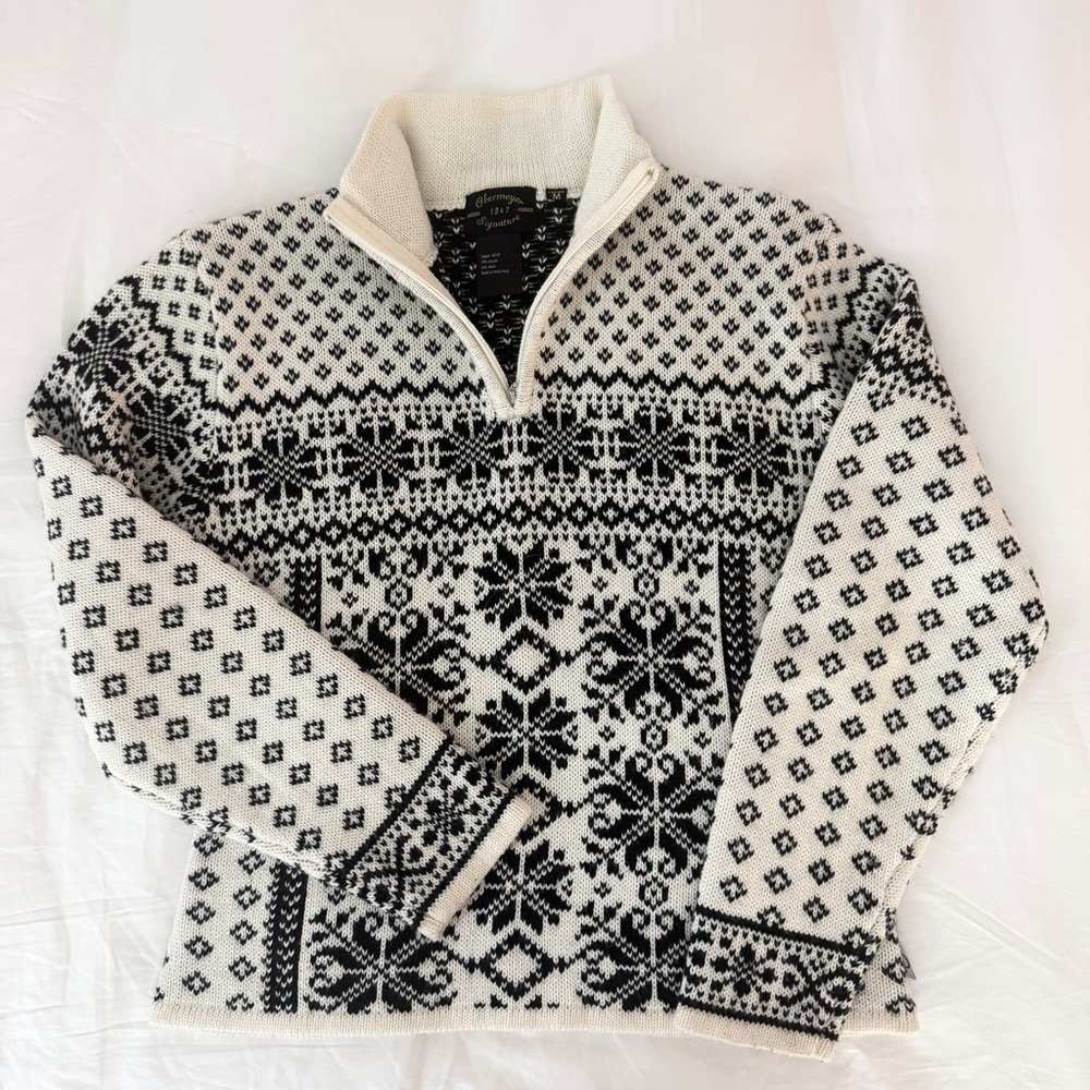 Obermeyer Signature Ivory & Black Nordic Fair Isle Half-Zip Sweater